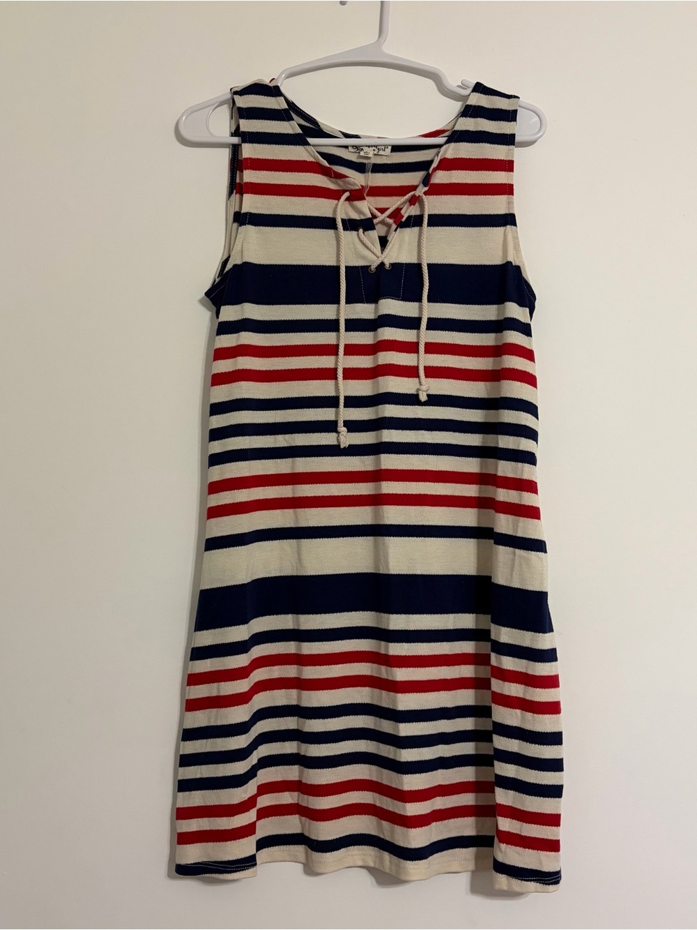 About A Girl Navy Red Cream Striped Lace-Up Sleeveless Dress